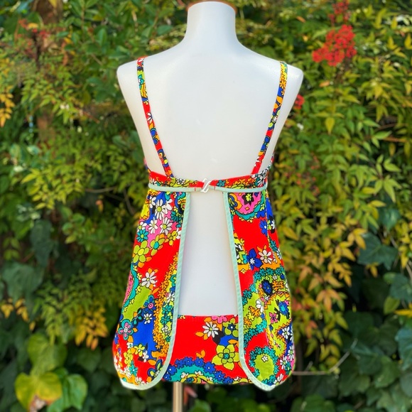 1970s Lemon Frog Bark Cloth Tankini Swim Set - Picture 4 of 11